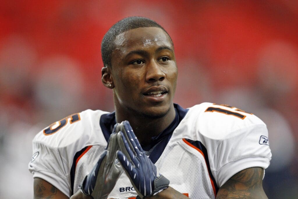November 16, 2008; Atlanta, GA USA; Denver Broncos wide receiver Brandon Marshall (15) claps to the music playing before the game against the Atlanta Falcons at the Georgia Dome.