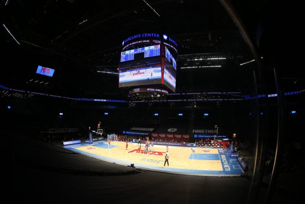 Jan 12, 2021; Brooklyn, New York, USA; General view of tipoff between the Brooklyn Nets and the Denver Nuggets during the first quarter at Barclays Center.