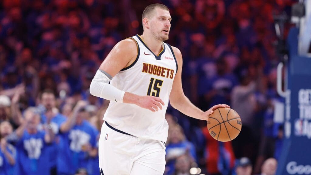 May 18, 2025; Oklahoma City, Oklahoma, USA; Denver Nuggets center Nikola Jokic (15) dribbles down the court against the Oklahoma City Thunder in the second quarter during game seven of the second round for the 2025 NBA Playoffs at Paycom Center.