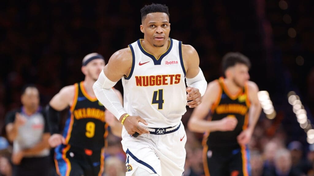 May 5, 2025; Oklahoma City, Oklahoma, USA; Denver Nuggets guard Russell Westbrook (4) runs down the court after a play against the Oklahoma City Thunder during the second half during game one of the second round for the 2025 NBA Playoffs at Paycom Center.