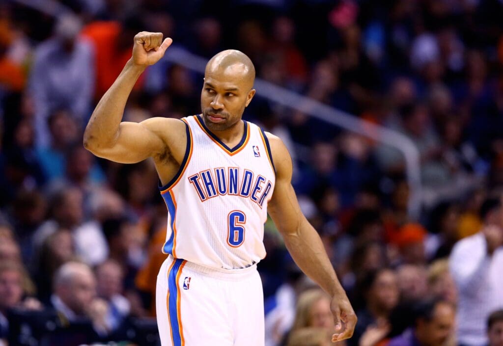 Mar 6, 2014; Phoenix, AZ, USA; Oklahoma City Thunder guard Derek Fisher (6) against the Phoenix Suns at the US Airways Center. Mandatory Credit: Mark J. Rebilas-USA TODAY Sports