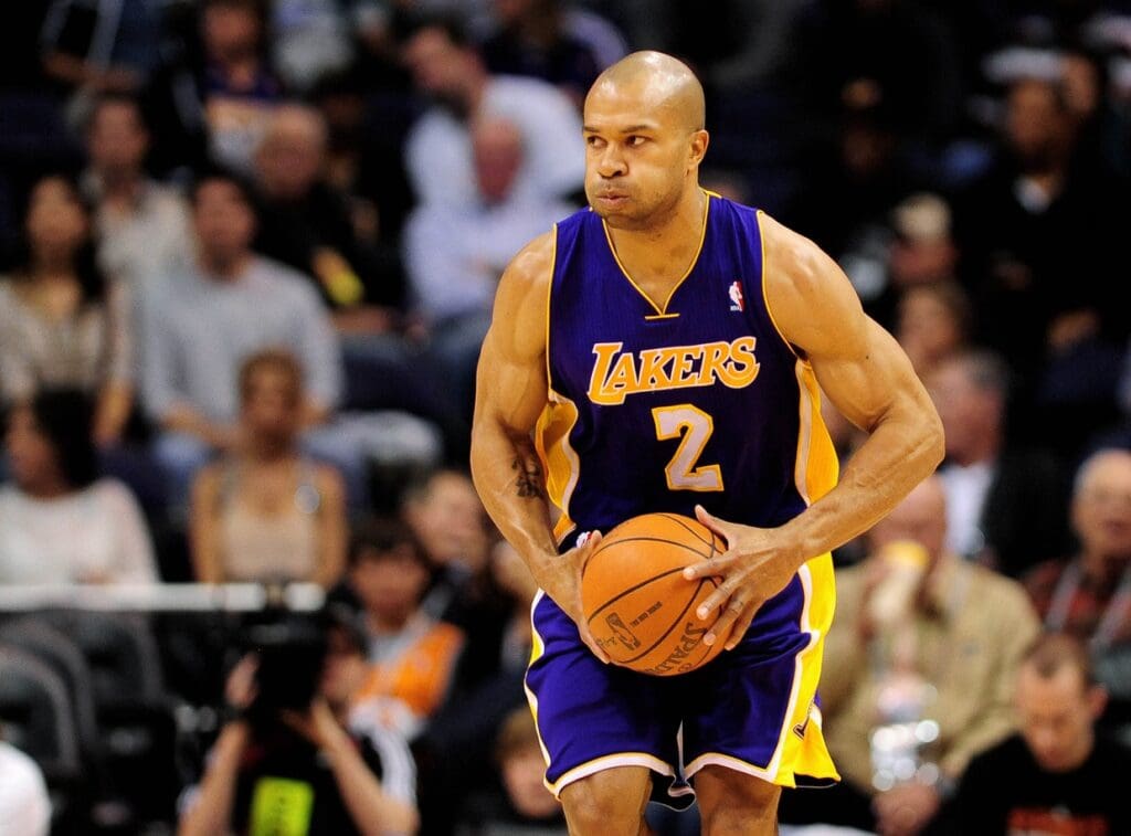 Feb. 19, 2012; Phoenix, AZ, USA; Los Angeles Lakers guard Derek Fisher (2) against the Phoenix Suns at the US Airways Center. The Suns defeated the Lakers 102-90.