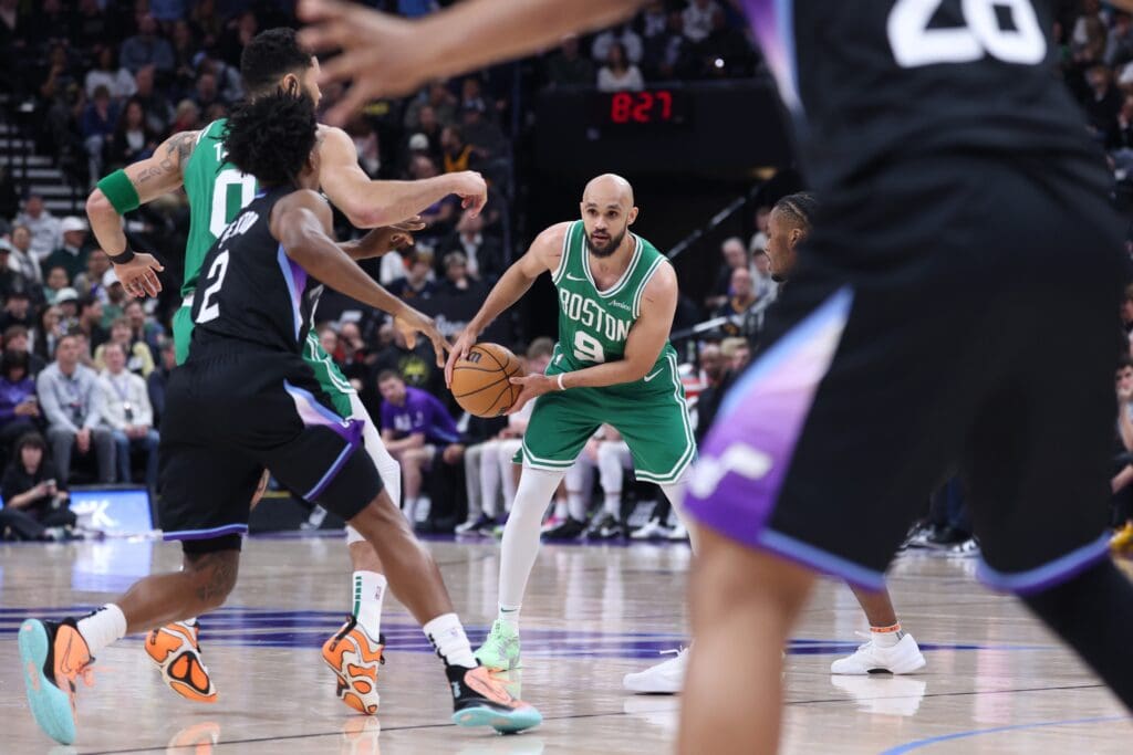 Mar 21, 2025; Salt Lake City, Utah, USA; Boston Celtics guard Derrick White (9) waits for a play against the Utah Jazz during the first half at Delta Center. Mandatory Credit: Rob Gray-Imagn Images
