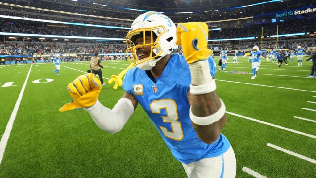 Nov 17, 2024; Inglewood, California, USA; Los Angeles Chargers safety Derwin James Jr. (3) celebrates at the end of the game against the Cincinnati Bengals at SoFi Stadium.