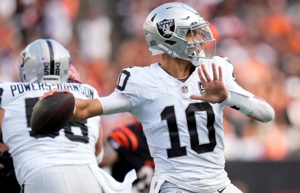 Las Vegas Raiders quarterback Desmond Ridder (10) throws a pass in the third quarter of the NFL Week 9 game between the Cincinnati Bengals and the Las Vegas Raiders at Paycor Stadium in downtown Cincinnati on Sunday, Nov. 3, 2024. The Bengals collected their first win at home with a 41-24 victory over the Raiders.