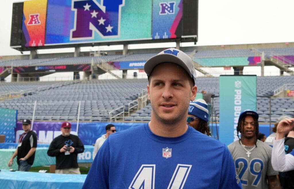 Feb 1, 2025; Orlando, FL, USA; Detroit Lions quarterback Jared Goff (16) during NFC Practice for the Pro Bowl Games at Camping World Stadium. 