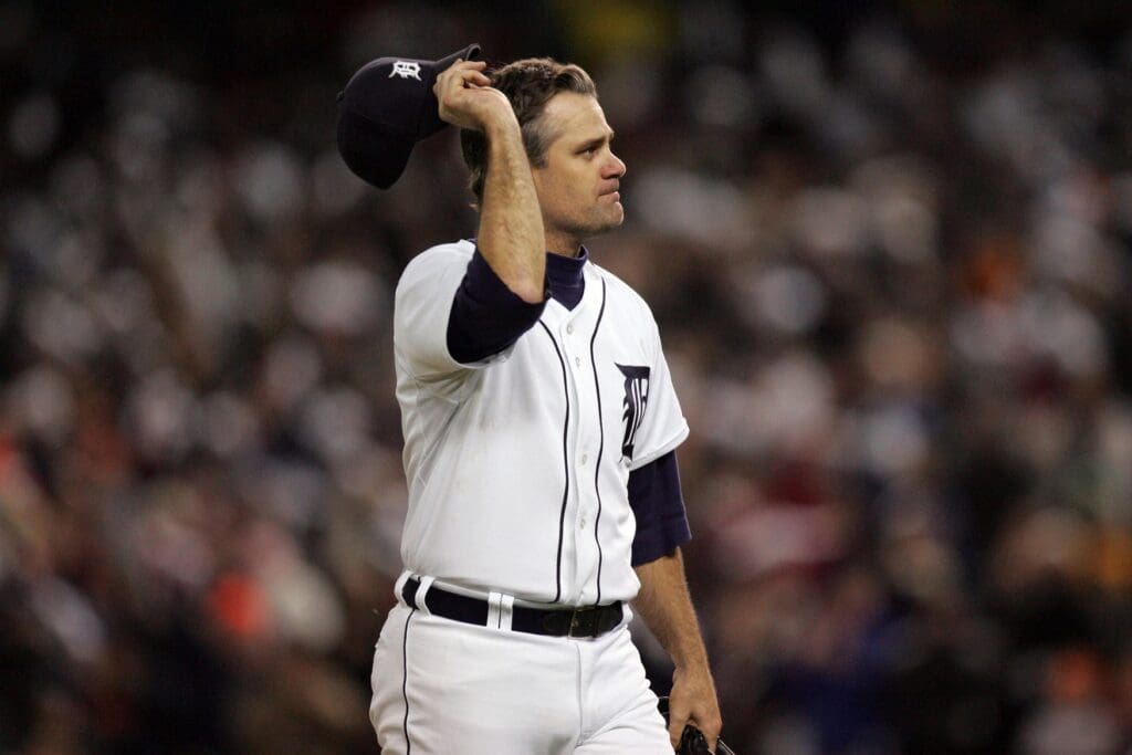 Oct 13, 2006; Detroit, MI, USA; Detroit Tigers starting pitcher (37) Kenny Rogers salutes the fans after being lifted in the eighth inning while pitching a shutout against the Oakland Athletics in game 3 of the American League Championship series at Comerica Park.