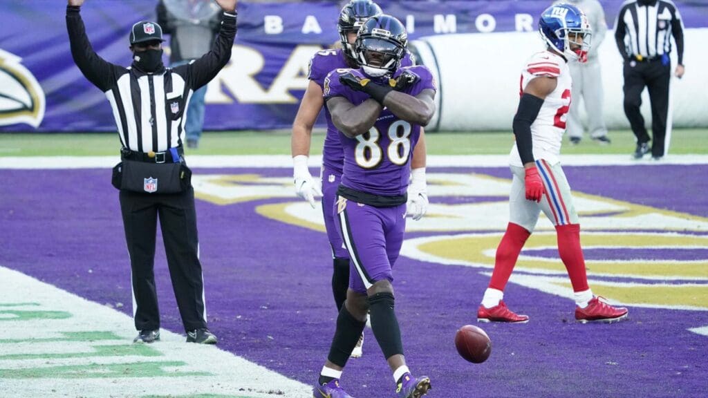 Dec 27, 2020; Baltimore, Maryland, USA; Baltimore Ravens wide receiver Dez Bryant (88) reacts following his fourth quarter touchdown catch against the New York Giants at M&T Bank Stadium.