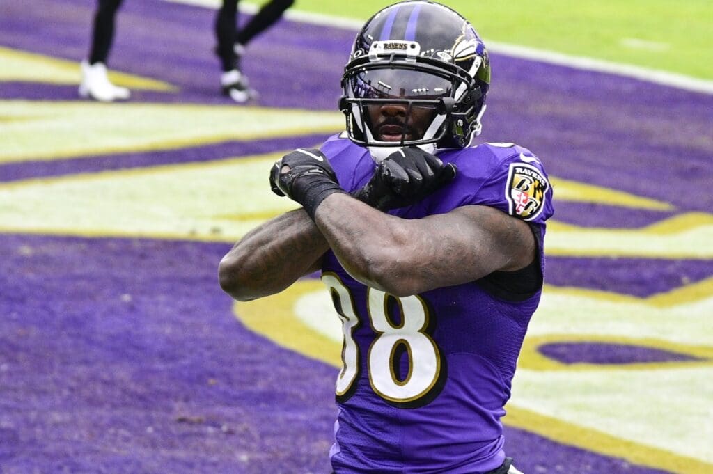 Dec 20, 2020; Baltimore, Maryland, USA; Baltimore Ravens wide receiver Dez Bryant (88) reacts after scoring a second quarter touchdown against the Jacksonville Jaguars at M&T Bank Stadium.