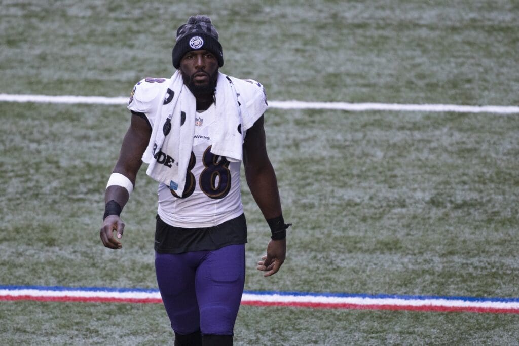 Nov 8, 2020; Indianapolis, Indiana, USA; Baltimore Ravens wide receiver Dez Bryant (88) reacts before a game against the Indianapolis Colts at Lucas Oil Stadium.