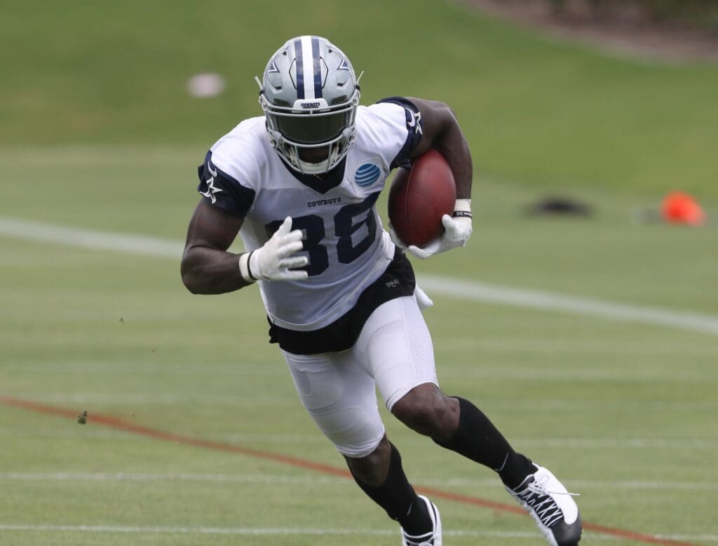 Jun 13, 2017; Frisco, TX, USA; Dallas Cowboys receiver Dez Bryant (88) runs with the ball during minicamp at The Star at Cowboys World Headquarters.