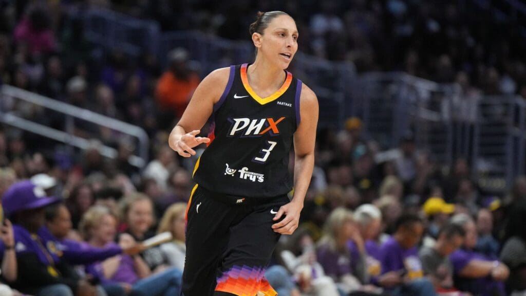Sep 17, 2024; Los Angeles, California, USA; Phoenix Mercury guard Diana Taurasi (3) celebrates after a three-point basket against the LA Sparks in the second half at Crypto.com Arena.
