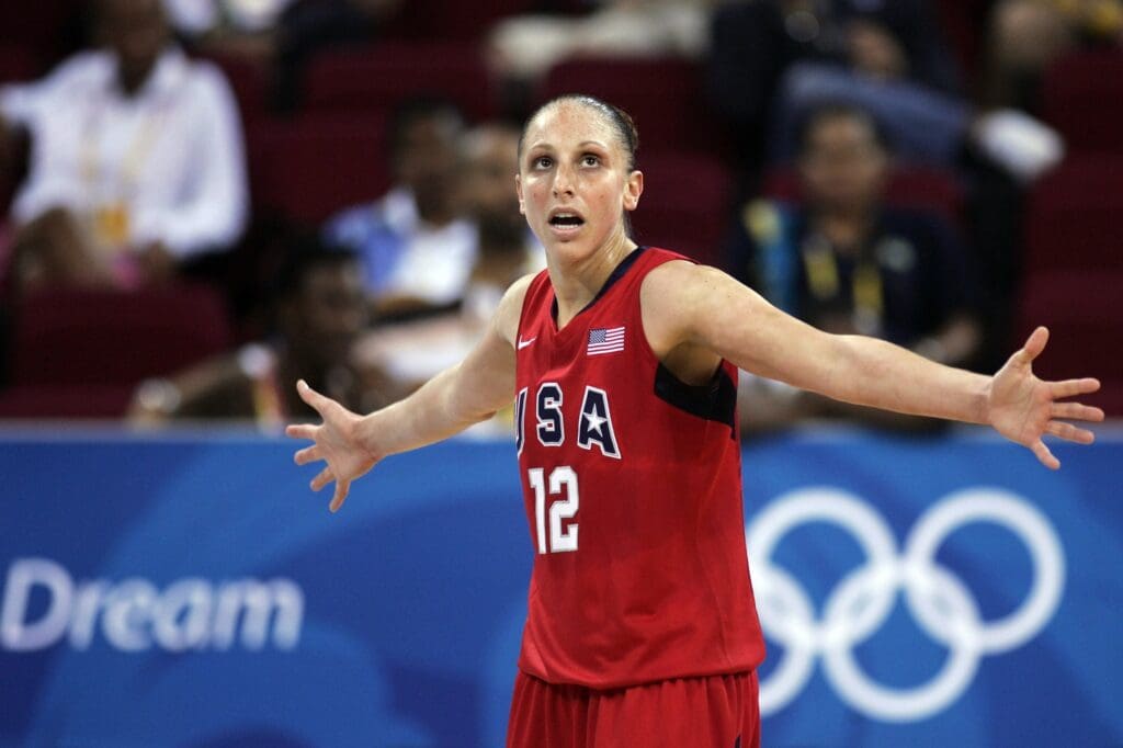 Aug 13, 2008; Beijing, CHINA; USA guard Diana Taurasi (12) during the first half of a preliminary round game at the Olympic Basketball Gymnasium during the 2008 Beijing Olympic Games.