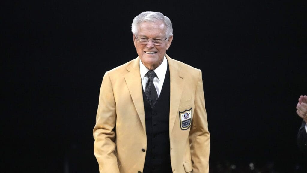 Aug 5, 2022; Canton, OH, USA; Dick Vermeil reacts after receiving gold jacket during the Pro Football Hall of Fame Enshrinees Gold Jacket dinner at Canton Memorial Civic Center.