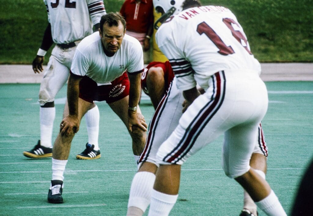 uly 1973; Normal, IL, USA; FILE PHOTO; St. Louis Cardinals head coach Don Coryell coaches his team during training camp at Illinois State.