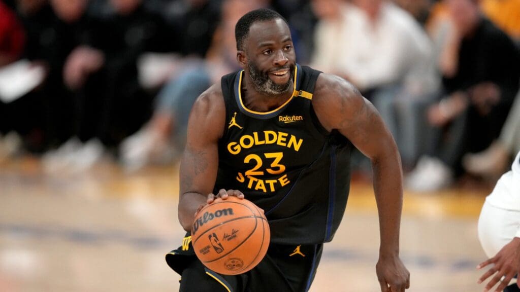 May 12, 2025; San Francisco, California, USA; Golden State Warriors forward Draymond Green (23) dribbles the ball against the Minnesota Timberwolves in the fourth quarter during game four of the second round for the 2025 NBA Playoffs at Chase Center. Mandatory Credit: Cary Edmondson-Imagn Images
