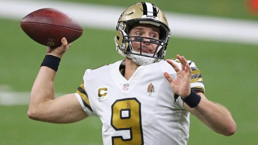 Dec 25, 2020; New Orleans, Louisiana, USA; New Orleans Saints quarterback Drew Brees (9) makes a throw in the second quarter against the Minnesota Vikings at the Mercedes-Benz Superdome. Mandatory Credit: Chuck Cook-Imagn Images