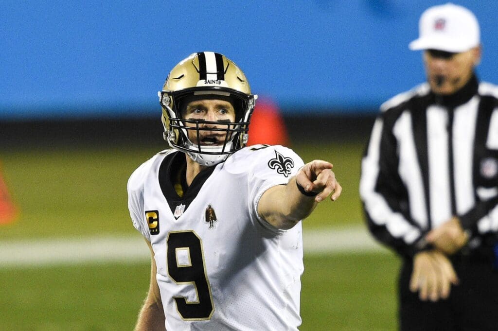 Jan 3, 2021; Charlotte, North Carolina, USA; New Orleans Saints quarterback Drew Brees (9) on the field in the third quarter at Bank of America Stadium.