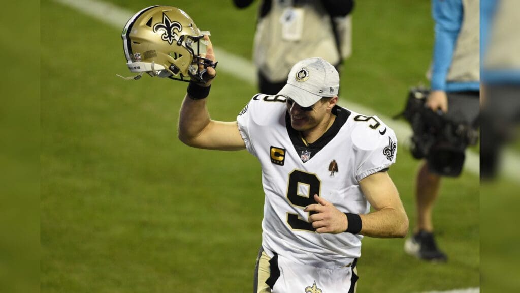 Jan 3, 2021; Charlotte, North Carolina, USA; New Orleans Saints quarterback Drew Brees (9) after the game at Bank of America Stadium.