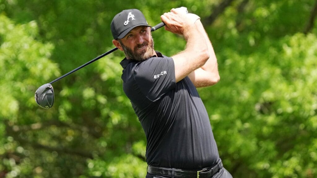 Apr 10, 2025; Augusta, Georgia, USA; Dustin Johnson plays his shot from the fifth tee during the first round of the Masters Tournament.