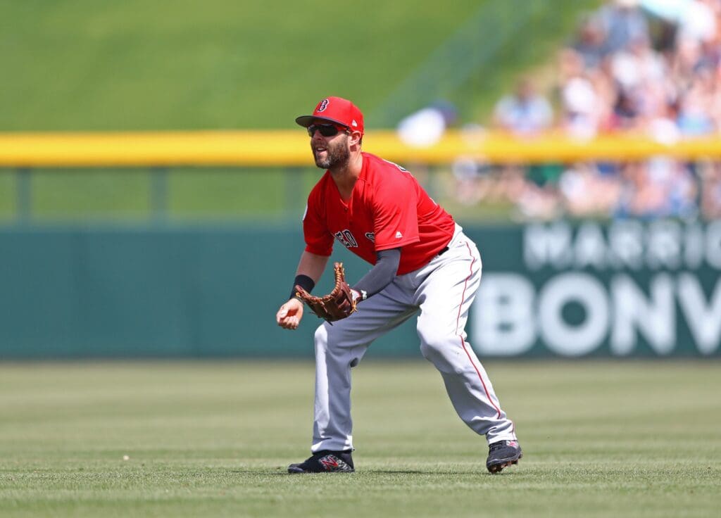 Mar 26, 2019; Mesa, AZ, USA; Boston Red Sox second baseman Dustin Pedroia against the Chicago Cubs during a spring training game at Sloan Park.