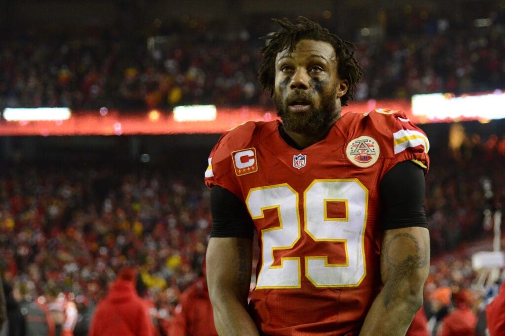 Jan 15, 2017; Kansas City, MO, USA; Kansas City Chiefs strong safety Eric Berry (29) reacts on the sideline during the fourth quarter in the AFC Divisional playoff game against the Pittsburgh Steelers at Arrowhead Stadium. Pittsburgh won 18-16.