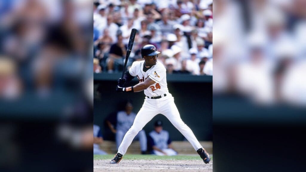 1998, Baltimore, MD, USA; FILE PHOTO; Baltimore Orioles right fielder Eric Davis in action on the mound at Camden Yards during the 1998 season.