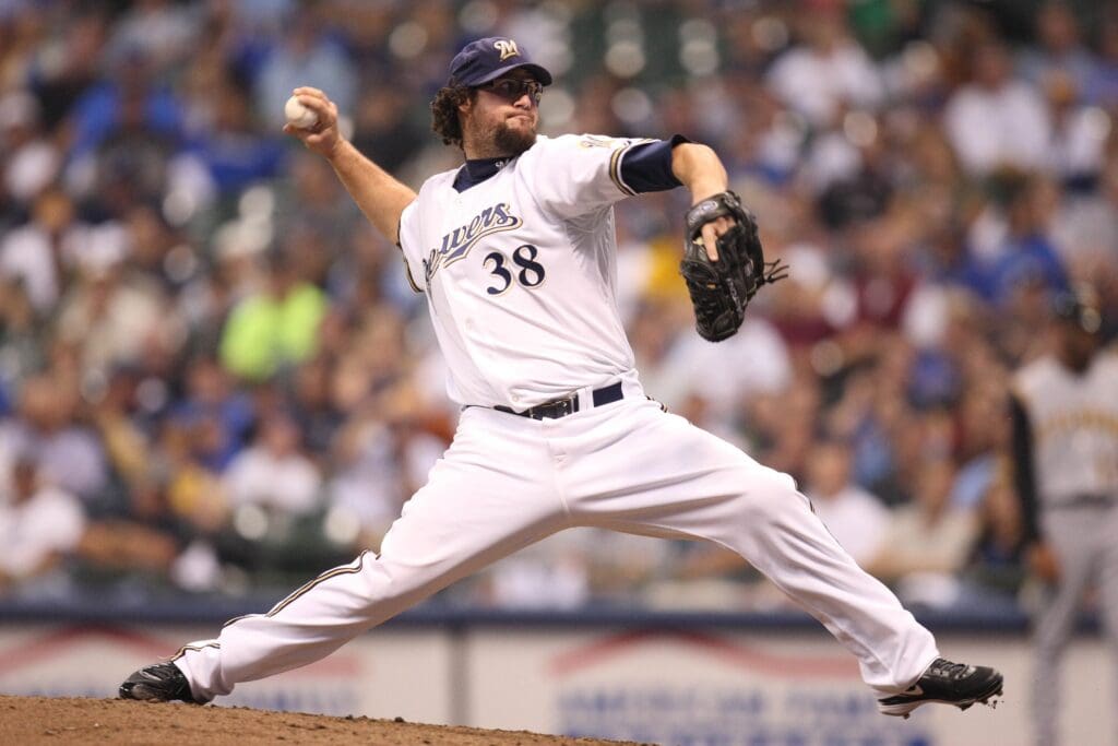 Sep 24, 2008; Milwaukee, WI, USA; Milwaukee Brewers relief pitcher Eric Gagne (38) pitches during the eighth inning against the Pittsburgh Pirates at Miller Park. The Brewers defeated the Pirates 4-2. Mandatory Credit: Jeff Hanisch-USA TODAY Sports