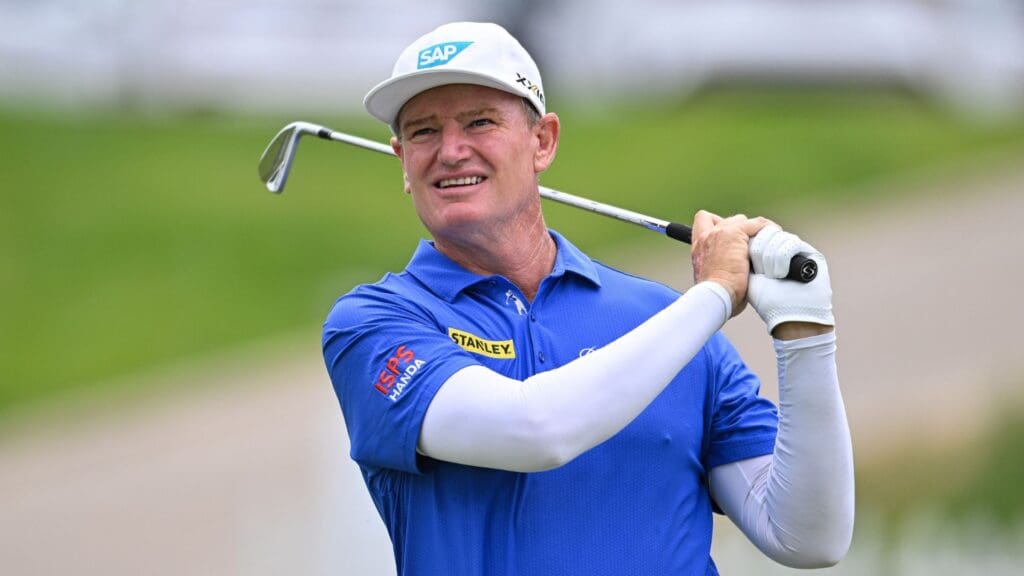 Jun 2, 2024; Des Moines, Iowa, USA; Ernie Els hits from the fourth hole during the final round of the Principal Charity Classic at Wakonda Club in Des Moines, Iowa.