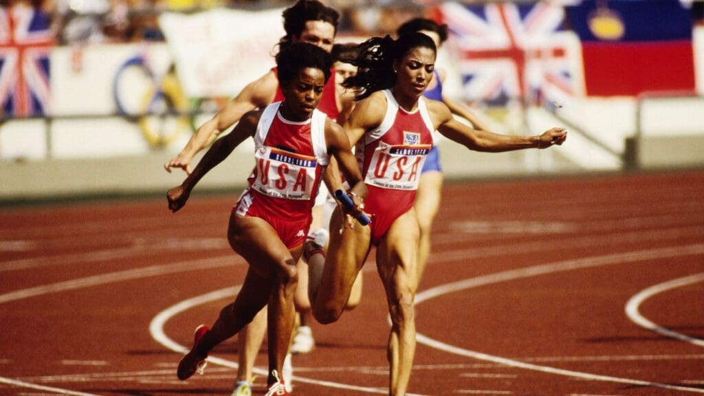 Oct 1, 1988; Seoul, SOUTH KOREA; FILE PHOTO; Evelyn Ashford (USA) (left) receives the baton from Florence Griffith-Joyner (USA) (right) in the women's 4x100m relay during 1988 Seoul Olympic Games at Seoul Olympic Stadium
