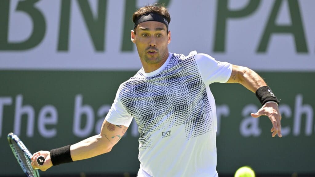 Mar 3, 2025; Indian Wells, CA, USA; Fabio Fognini (ITA) hits a shot against Colton Smith (not pictured) during his qualifying match in the BNP Paribas open at the Indian Well Tennis Garden.