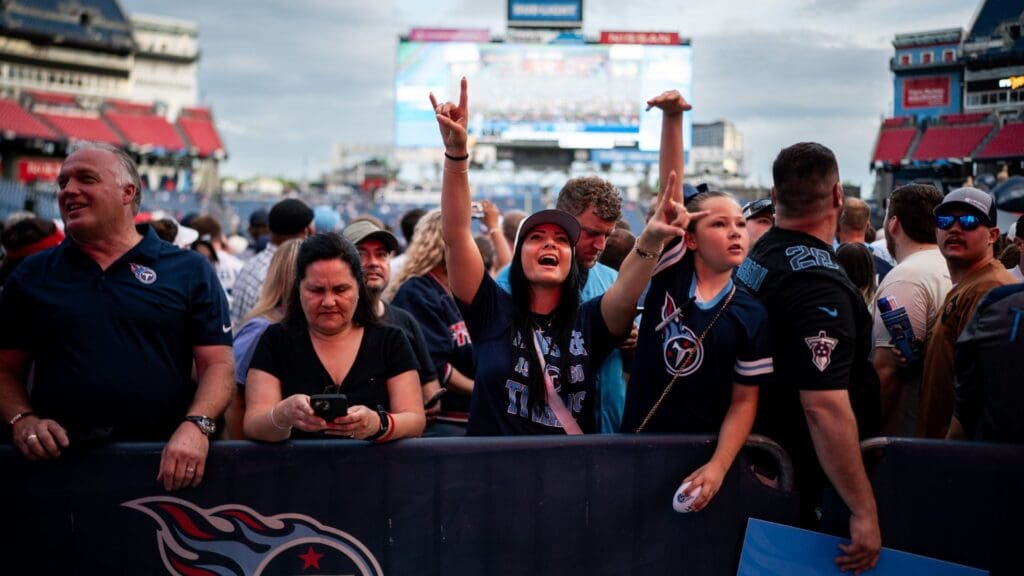 Fans cheer as the Tennessee Titans select Miami Hurricanes quarterback Cam Ward with the first overall pick during the Titans NFL Draft Watch Party at Nissan Stadium in Nashville, Tenn., Thursday, April 24, 2025.