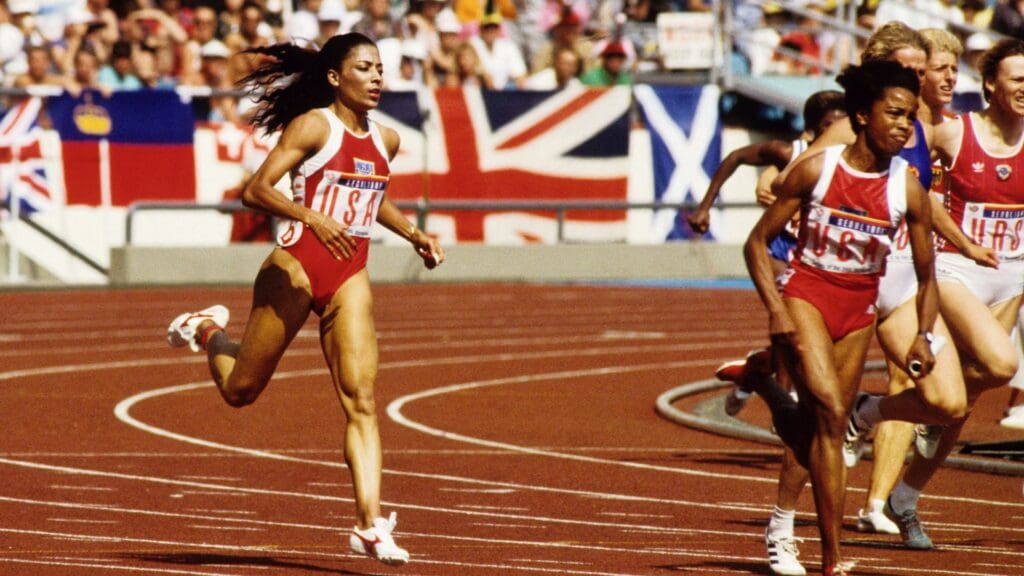 Oct 1, 1988; Seoul, SOUTH KOREA; FILE PHOTO; Evelyn Ashford (USA) (right) receives the baton from Florence Griffith-Joyner (USA) (left) in the women's 4x100m relay during 1988 Seoul Olympic Games at Seoul Olympic Stadium