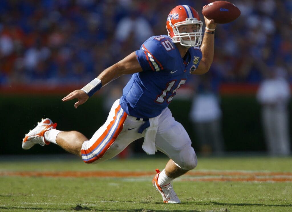Sep 15, 2007; Gainesville, FL, USA; Florida Gators quarterback Tim Tebow (15) throws against the Tennessee Volunteers during the second quarter at Ben Hill Griffin Stadium in Gainesville, FL.
