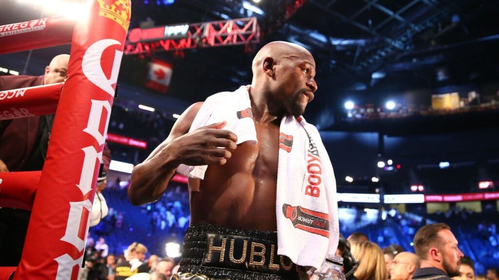 Aug 26, 2017; Las Vegas, NV, USA; Floyd Mayweather Jr. following his tenth round TKO victory against Conor McGregor at T-Mobile Arena.