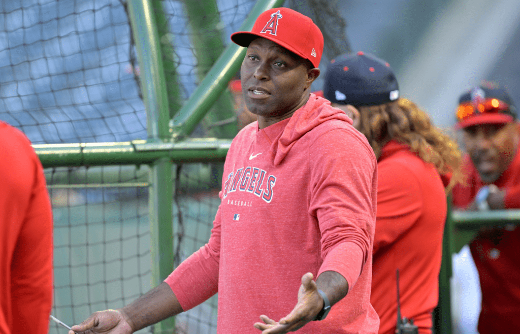 Apr 6, 2024; Anaheim, California, USA; Former Los Angeles Angels player Torii Hunter, has been named special Assistant to the General manager, on the field during batting practice prior to the game against the Boston Red Sox at Angel Stadium.