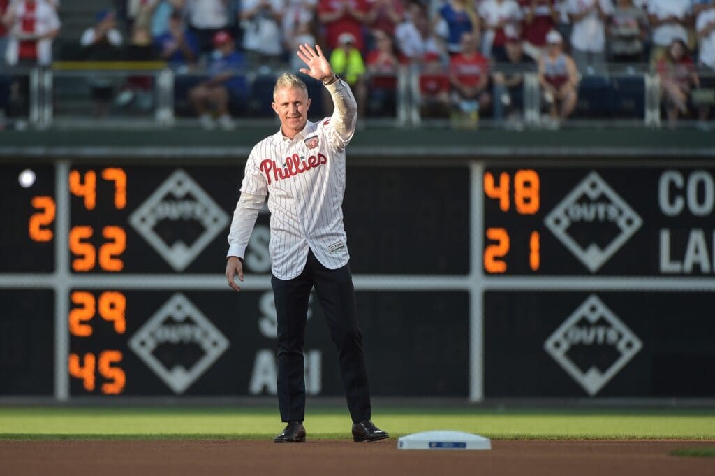 Jun 21, 2019; Philadelphia, PA, USA; Former Philadelphia Phillies second baseman Chase Utley waves to the crowd after his retirement ceremony before the game between the Philadelphia Phillies and the Miami Marlins at Citizens Bank Park.