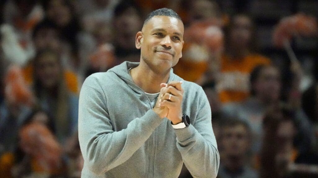 Former Tennessee and NBA guard Allan Houston appears on court during a college basketball exhibition game between Tennessee and Indiana on Sunday, October 27, 2024, in Knoxville. Tenn.