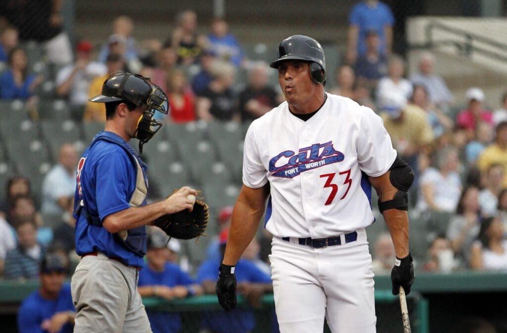 May 23, 2013; Fort Worth, TX, USA; Fort Worth Cats designated hitter Jose Canseco (33) reacts to striking out in the bottom of the first inning of the game against the Edinburg Roadrunners at LaGrave Field in Fort Worth