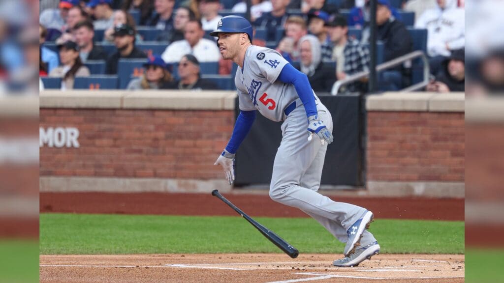 May 25, 2025; New York City, New York, USA; Los Angeles Dodgers first baseman Freddie Freeman (5) doubles during the first inning against the New York Mets at Citi Field.