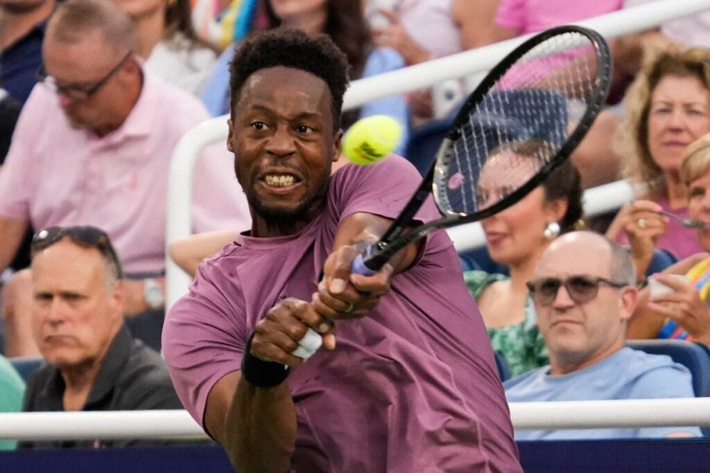 France's Gaël Monfils hits the ball back during his match against Spain's Carlos Alcaraz at the Lindner Family Tennis Center on Thursday August 15, 2024.