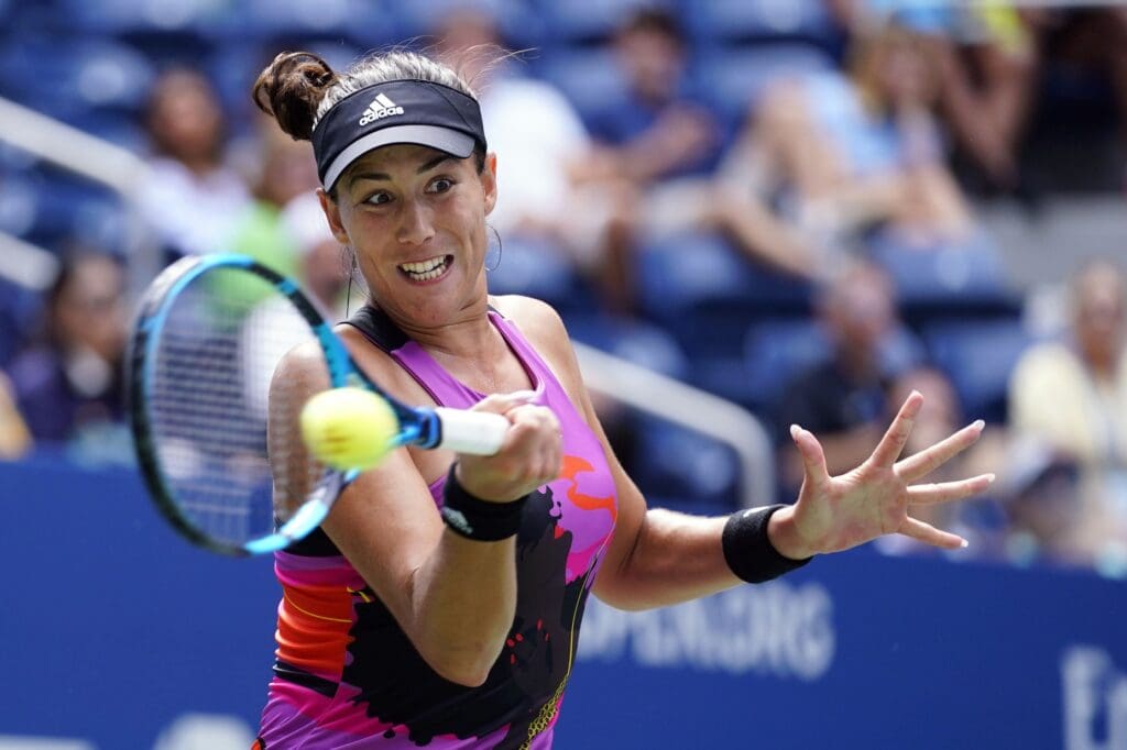 Sep 3, 2022; Flushing, NY, USA; Garbine Muguruza of Spain hits to Petra Kvitova of Czech Republic on day six of the 2022 U.S. Open tennis tournament at USTA Billie Jean King Tennis Center.