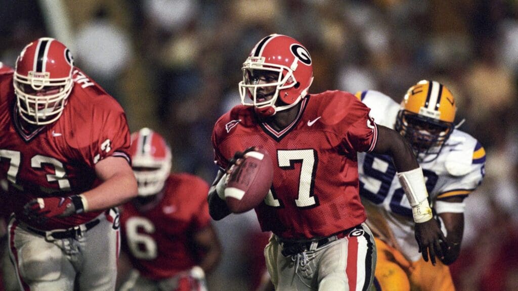 FILE PHOTO; Georgia Bulldogs quarterback Quincy Carter (17) in action against the LSU Fighting Tigers at Tiger Stadium.