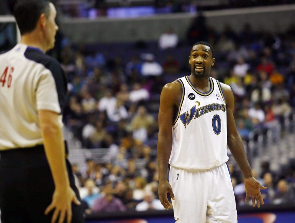 January 2, 2010; Washington, DC, USA; Washington Wizards guard Gilbert Arenas (0) argues a call with an official against the San Antonio Spurs in the second half at Verizon Center. The Spurs won 97-86. 