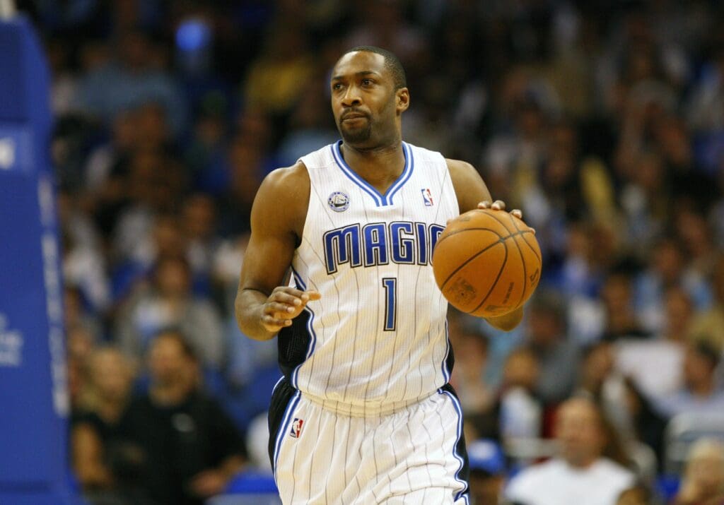 March 4, 2011; Orlando FL, USA; Orlando Magic point guard Gilbert Arenas (1) during the second quarter against the Chicago Bulls at Amway Center. The Chicago Bulls defeated Orlando Magic 89-81.