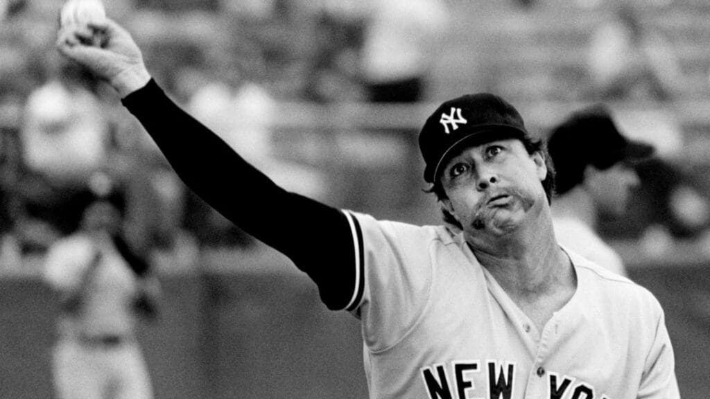 New York Yankees relief ace Goose Gossage warming up on the slide lines at Greer Stadium in Nashville April 28, 1983. The Yankees will play their Double A farm team, the Nashville Sounds. Gossage was called in for one inning of work in the game.