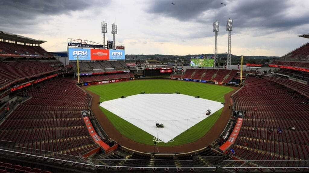 May 2, 2025; Cincinnati, Ohio, USA; A general view of the tarp on the field during a weather delay before a game between the Washington Nationals and the Cincinnati Reds at Great American Ball Park.