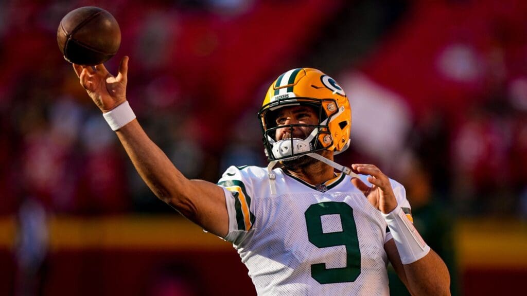 Nov 7, 2021; Kansas City, Missouri, USA; Green Bay Packers quarterback Blake Bortles (9) warms up before the game against the Kansas City Chiefs at GEHA Field at Arrowhead Stadium