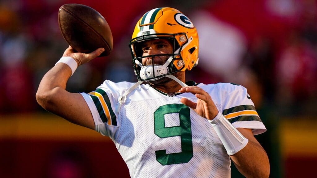 Nov 7, 2021; Kansas City, Missouri, USA; Green Bay Packers quarterback Blake Bortles (9) warms up before the game against the Kansas City Chiefs at GEHA Field at Arrowhead Stadium.