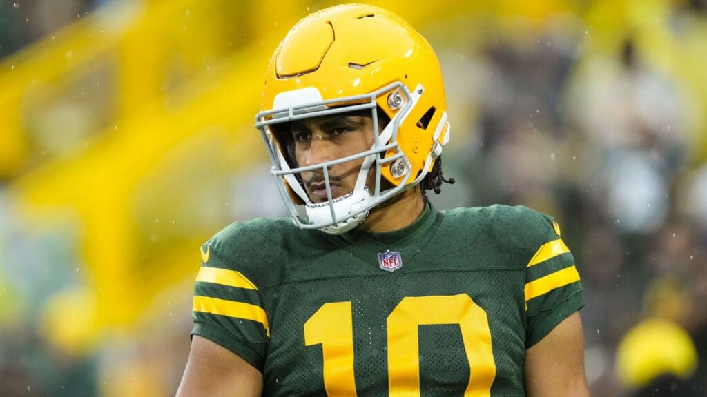 Nov 3, 2024; Green Bay, Wisconsin, USA; Green Bay Packers quarterback Jordan Love (10) looks on during warmups prior to the game against the Detroit Lions at Lambeau Field.